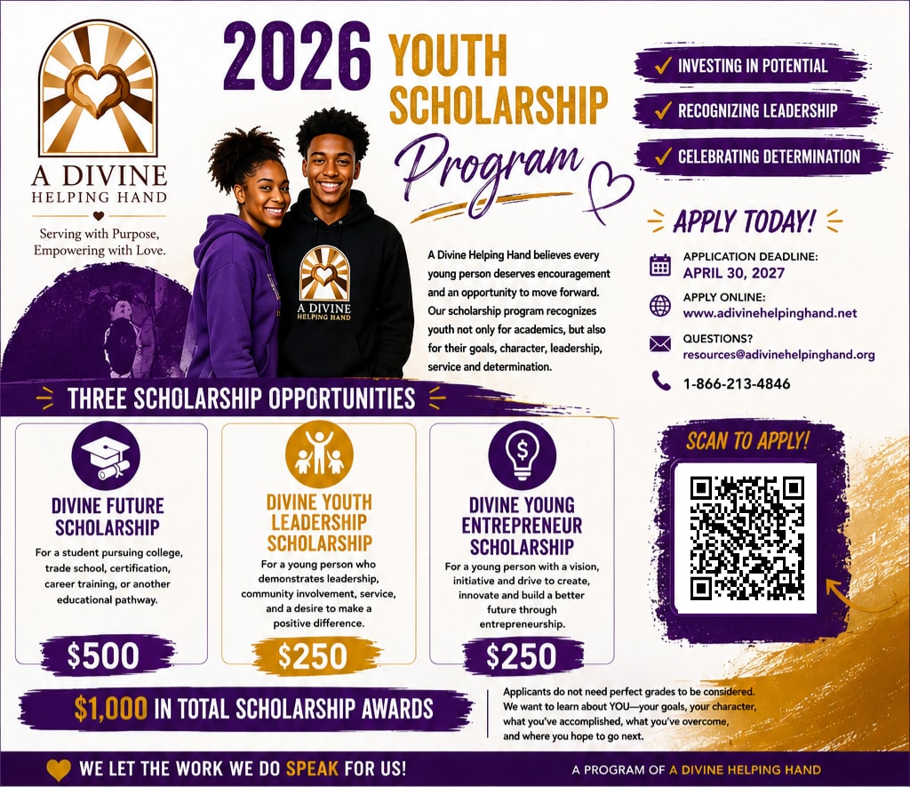 2026 Youth Scholarship Program flyer — three scholarship opportunities totaling $1,000